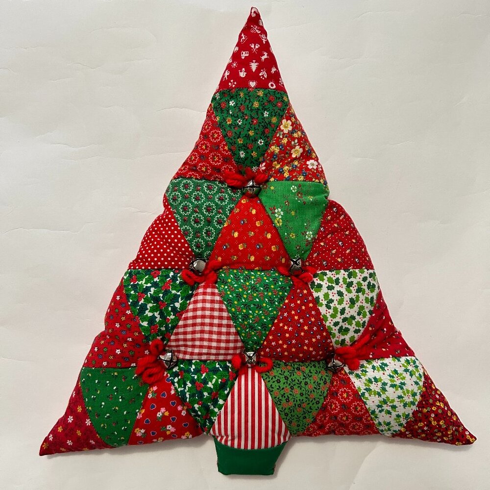 Handmade Quilted Patchwork Christmas Tree Wall Hanging with Jingle Bells Vintage